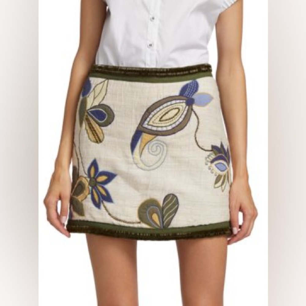 Veronica Beard Cream Mini Skirt with Blue and Olive Floral Embroidery